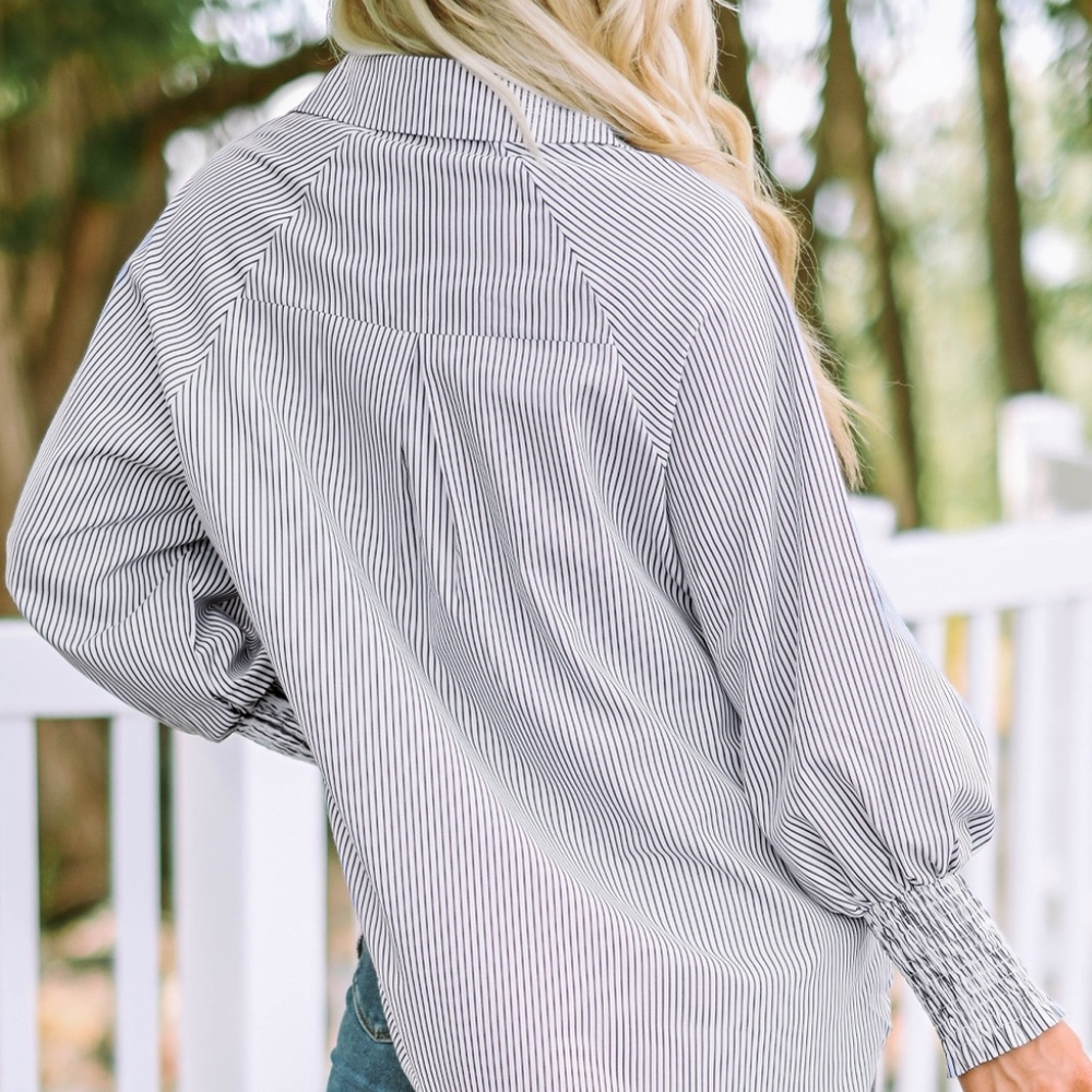 Smocked Cuffed Striped Boyfriend Shirt with Pocket - Picture 2 of 14
